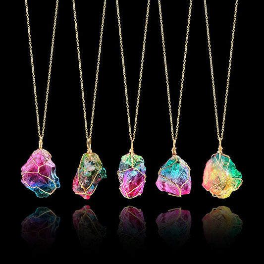 Fashion Rainbow Stone Natural Crystal Chakra Rock Necklace Golden Plated Quartz Pendant Nice Gift For Lover Friends