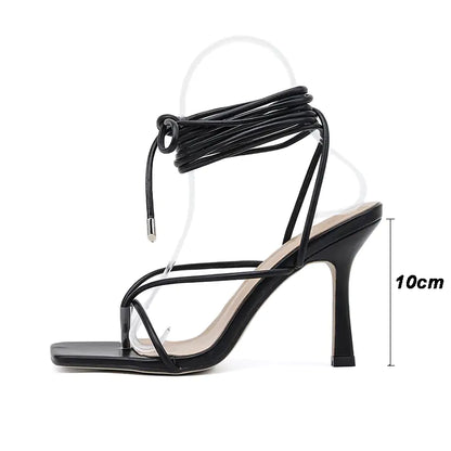 Vintage Square Toe High Heel Sandals: Cross Strap Thong Design