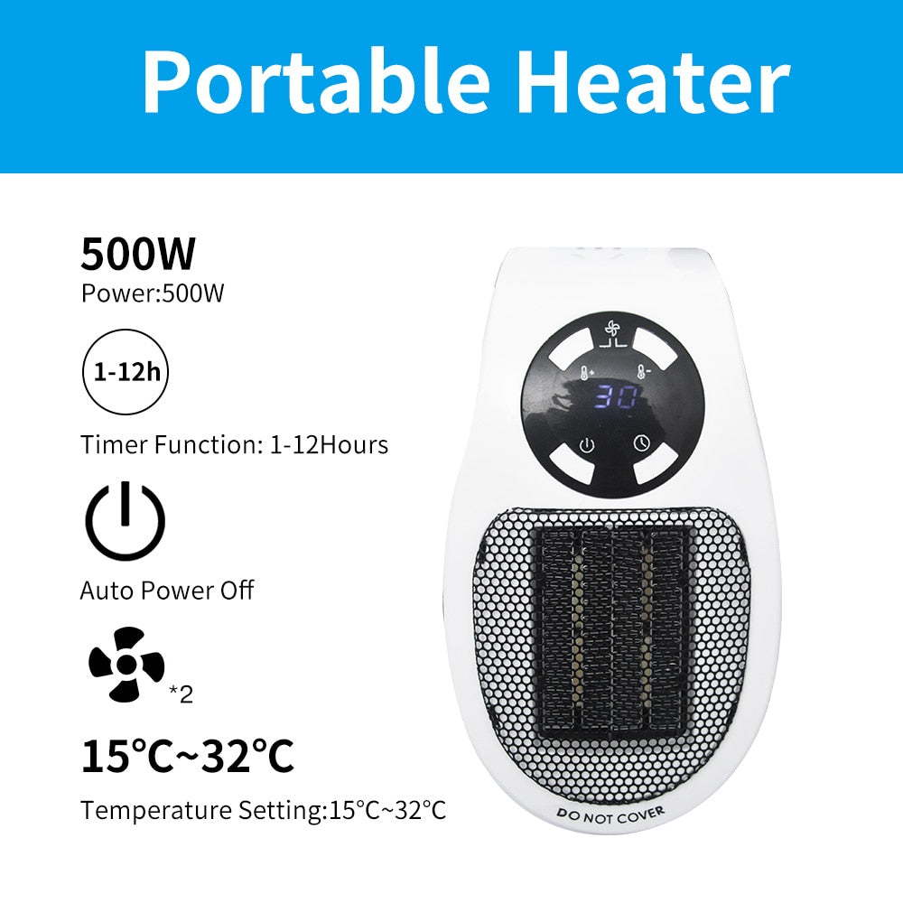 Portable Electric Heater Plug in Wall Heater Room Heating Stove Household Radiator Remote Warmer Machine 500W Device